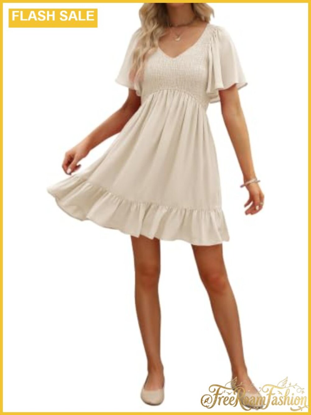 Flowy Mini Dress Flutter Sleeve V Neck Smocked Ruffle Trim Side Pockets